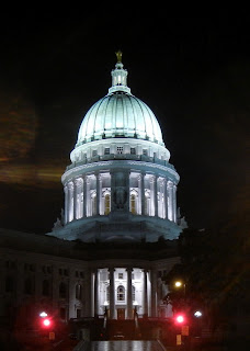 The State Capitol building in Madison, Wisconsin at night