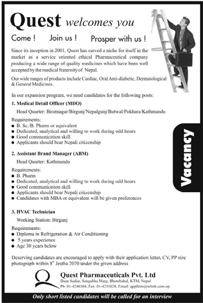 Job Vacancy Quest Pharmaceuticals Jobs in Nepal