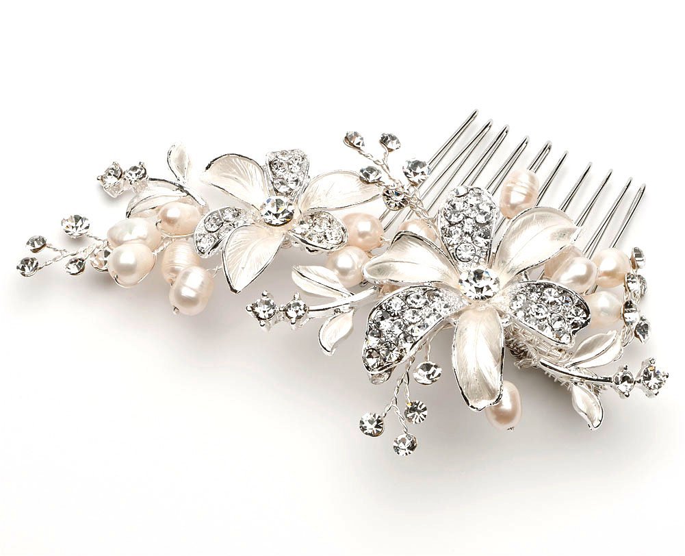Side Bridal Comb Wedding Hair Piece with Flowers Stud Earrings Silver