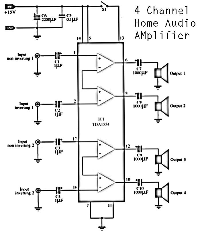 4 Channels Home Audio Power Amplifier - Electronic Circuit