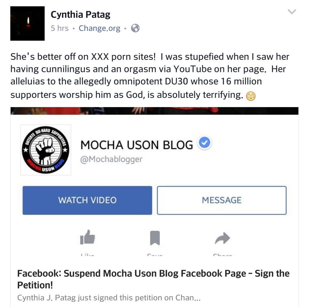 Cynthia Patag joins online petition to suspend Mocha Uson Blog