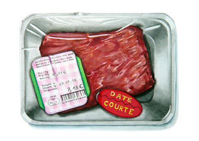 Dessin de l'artiste 1011 de la série "Pouvoir d'achat" Barquette avec l'étiquette "date courte"