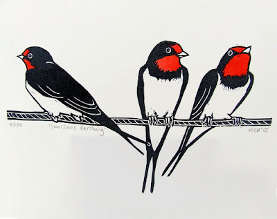 Swallows on Telephone Wire Linocut