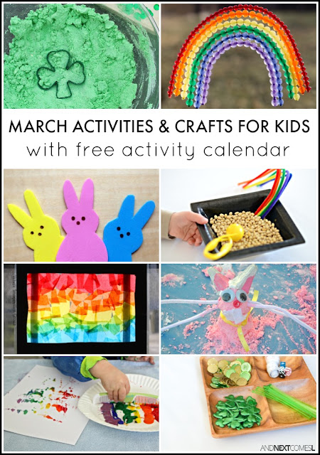 March activities and crafts for kids with free downloadable activity calendar - includes lots of St. Patrick's Day and Easter crafts and activities from And Next Comes L