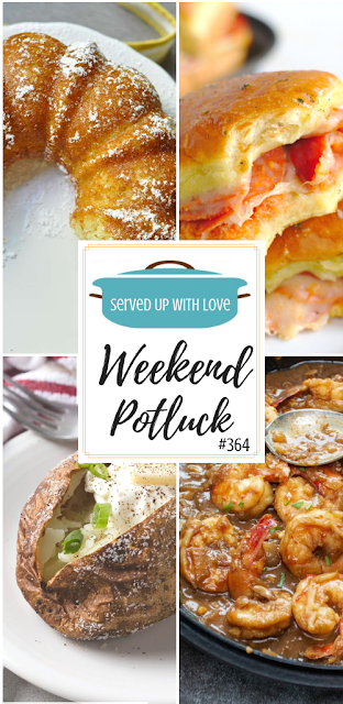 Weekend Potluck featured recipes include Twinkie Bundt Cake, Pepperoni Pizza Sliders, Air Fryer Baked Potatoes, New Orleans BBQ Shrimp, Slow Cooker Queso Chicken Tacos, and so much  more. 
