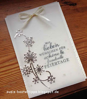 Karte mit Transparentpapier von thinlits schneegestöber stampin up flockengestöber wintermärchen schneegestöber thinlits für weihnachtskarten embellishment schneeflocke samtpapier flüsterweiss