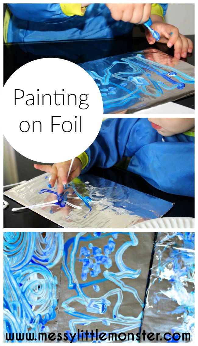 Painting on foil is a simple process art idea for kids. Inspired by Van Gogh's Starry night this activity works on fine motor skills and colour mixing for toddler and preschoolers.