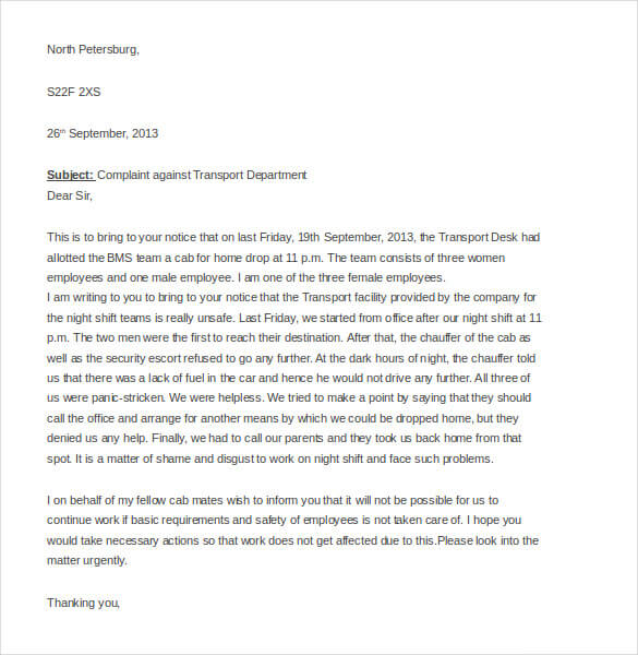 Letter Of Complaint To Employer Letter Of Complaint To Employer