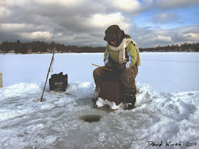 ice fishing on long lake, michigan, winter, month, chopping ice