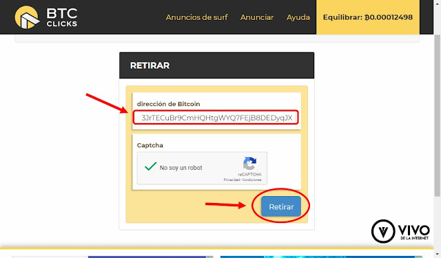 Pegar dirección Bitcoin, resolver reCAPTCHA y retirar.