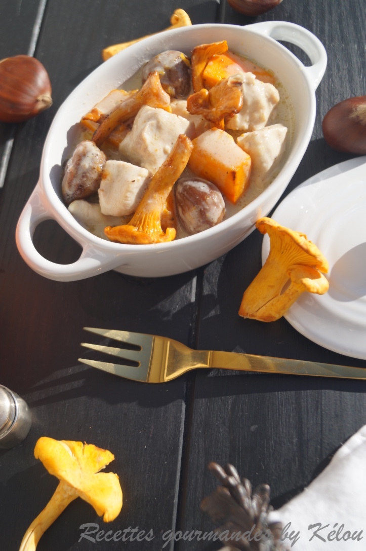 Blanquette de volaille d'automne au potimarron, girolles et châtaignes