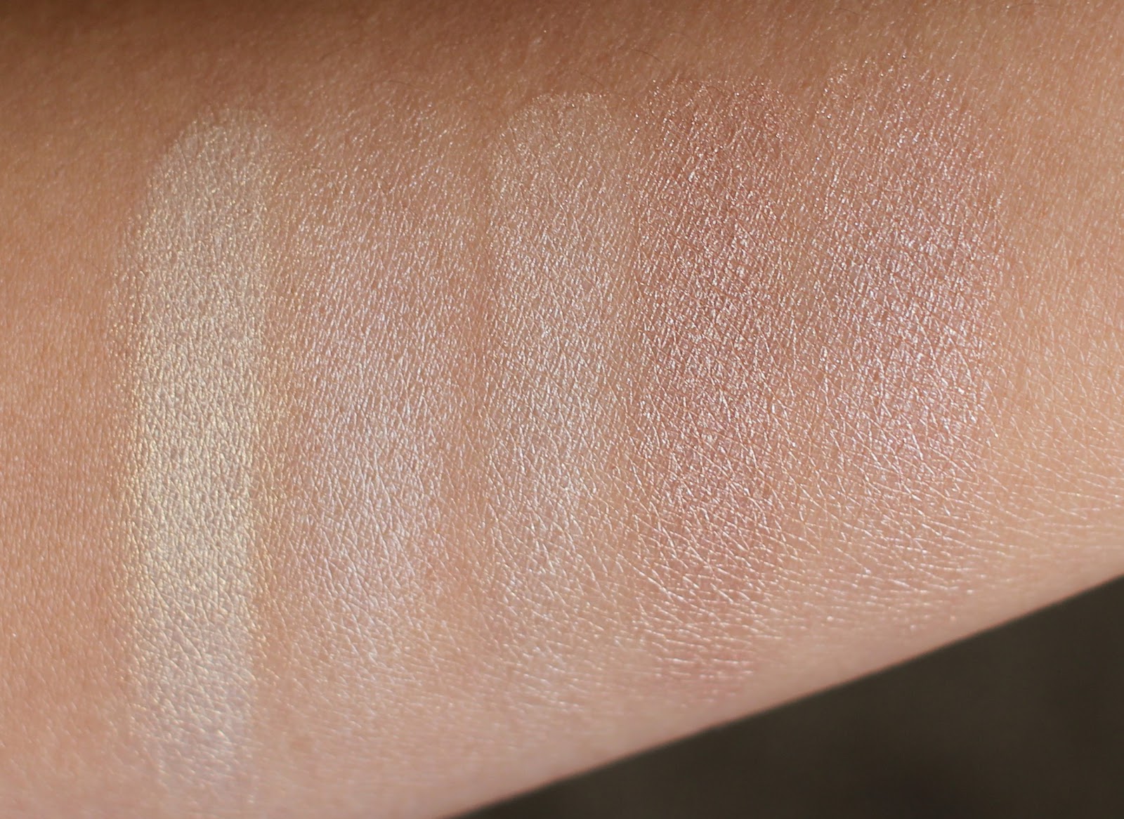 L to R: NARS Albatross Highlighting Blush, MAC Pearl Cream Colour Base, Becca Moonstone Highlighter, Becca Opal Highlighter, MAC Soft & Gentle Mineralize Skin Finish on NC25 Skin (low light) L to R: NARS Albatross Highlighting Blush, MAC Pearl Cream Colour Base, Becca Moonstone Highlighter, Becca Opal Highlighter, MAC Soft & Gentle Mineralize Skin Finish on NC25 Skin (low light)