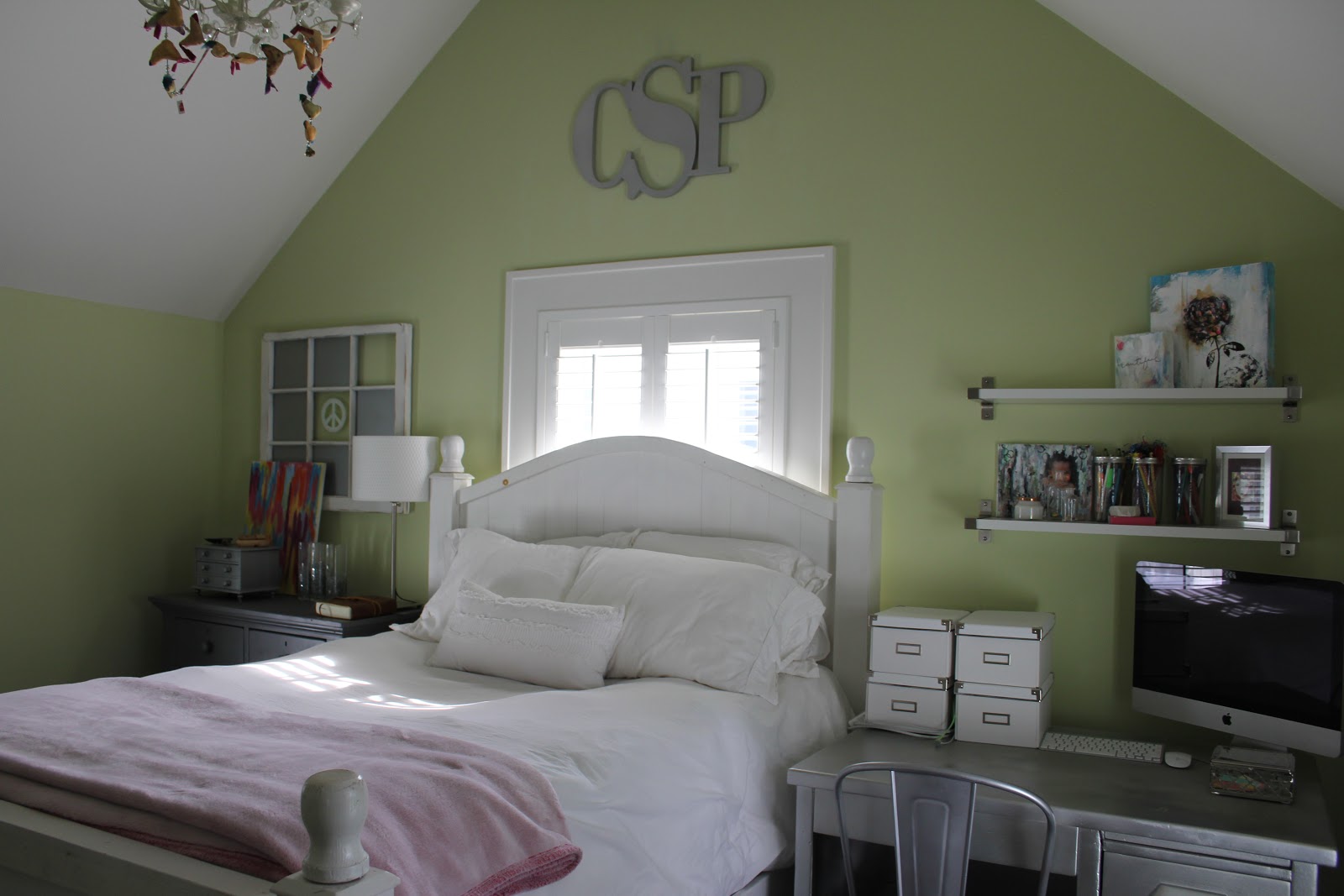 Modern farmhouse bedroom with apple green walls on Hello Lovely Studio