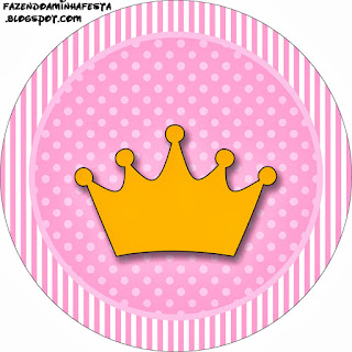 Corona Dorada en Fondo Rosa con Lunares y Rayas: Wrappers y Toppers para Cupcakes para Descargar Gratis.