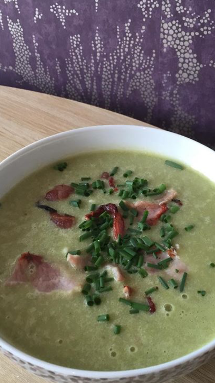 Bistro Becs and Family Asparagus Soup with Cripsy Bacon