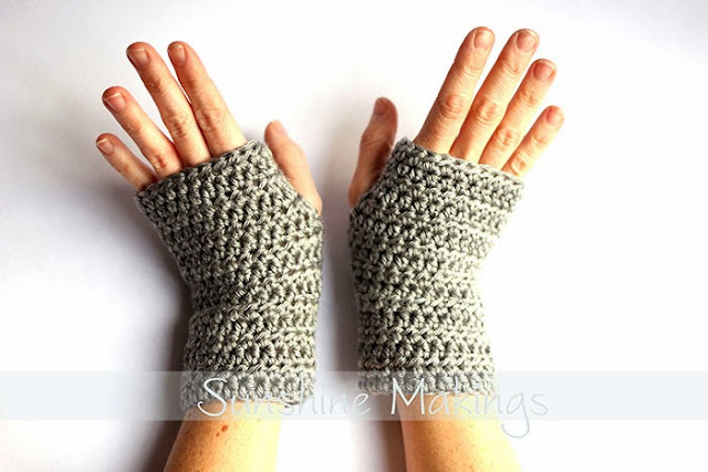 grey crocheted fingerless mittens