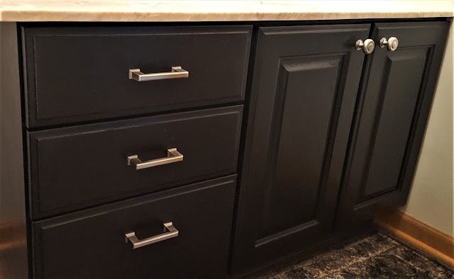 What to do with a bathroom you hate when the reno has to wait- cabinet paint & hardware www.BoHoHome.com @bohosusan