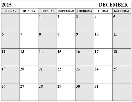 blank december 2015 calendar template