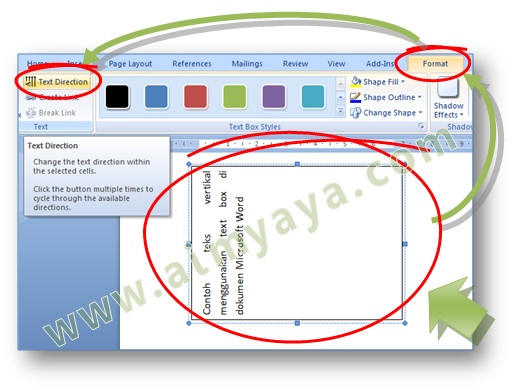 Gambar: Cara membuat arah teks menjadi vertikal menggunakan text box dalam dokumen Microsoft Word 2007
