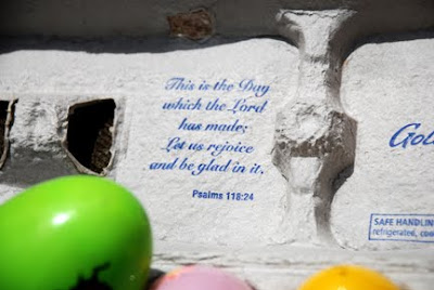 Psalm 118:24 "This is the day which the Lord has made; Let us rejoice and be glad in it. Aldi egg carton has bible verse on inside of it