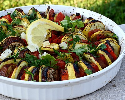 Stacked Ratatouille for a Crowd ♥ AVeggieVenture.com. Easy, versatile baked eggplant, summer squash and tomato. Low Carb. Paleo. Whole 30. Vegan. WW3.