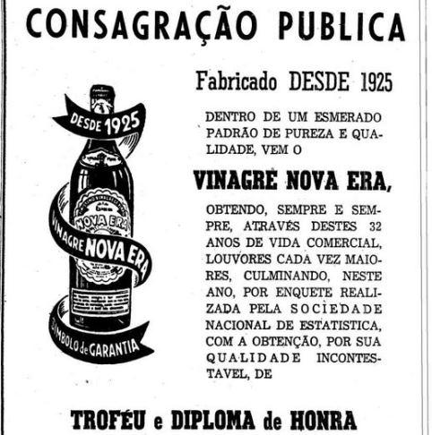 Propaganda do Vinagre Nova Era apresentado em 1957. Veiculado no jornal 'O Estado de São Paulo'.