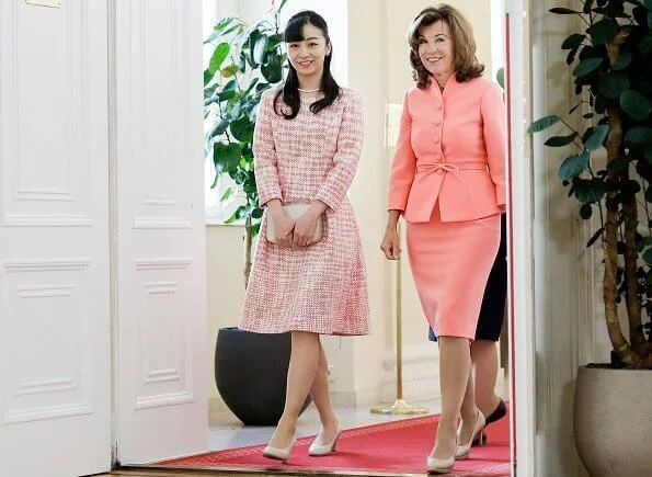 Princess Kako met with Chancellor of Austria Brigitte Bierlein at the Austrian Chancellery in Vienna. she wore a pink dress