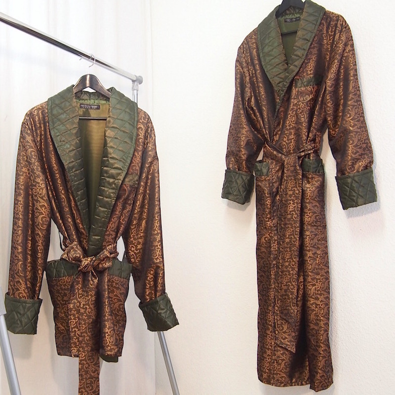 Gold Baroque Floral & Dark Blue Quilted Silk Shawl Dressing Gown ...