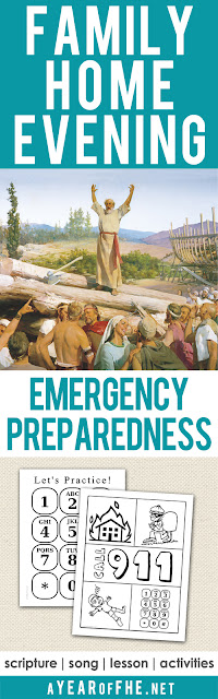 A Year of FHE // This is a Family Home Evening that EVERY FAMILY needs to have about Emergency Preparedness.  It shares a scripture hero story about how Noah prepared before the emergency. It runs through calling 9-1-1 for kids and what is a true emergency. Includes song, scripture, lesson, and activities for small kids, older kids & teens, and adults. Your FHE is ready...just CLICK, PRINT, and TEACH!  #fhe #emergency #lds #familyhomevening #prepare