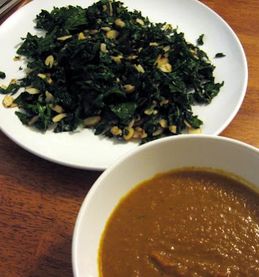 carrot soup with bean broth and garlic almond kale