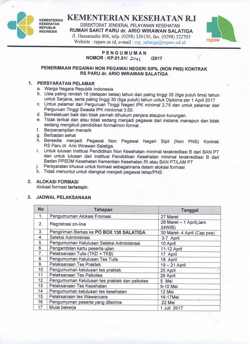 Penerimaan Pegawai Non PNS RS Paru dr. Ario Wirawan Salatiga Penerimaan Pegawai Non PNS RS Paru dr. Ario Wirawan Salatiga