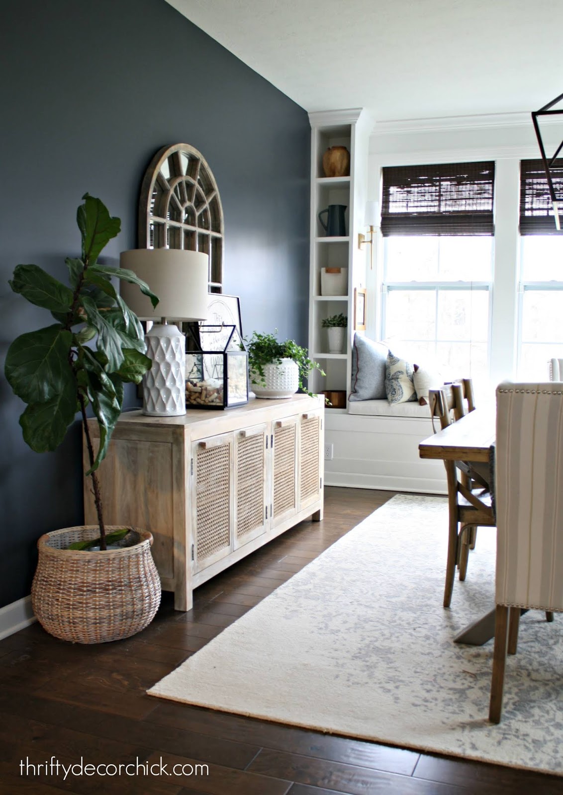 Built in shelves and window seat in dining area