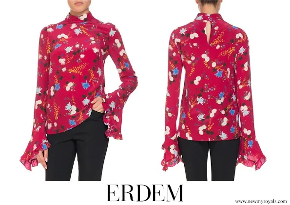 Crown Princess Mary wore ERDEM Lindsey Floral Mock-Neck Ruffle-Sleeve Top