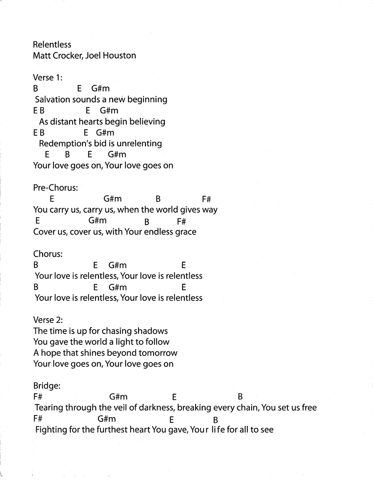Worship Lead Sheets Relentless Matt Crocker Joel Houston
