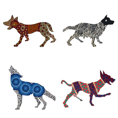 Colourful-metal-dog-ornaments-handcrafted-by-Warlukurlangu-artists