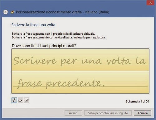 Windows permette all'utente di inserire esempi di scrittura per migliorare il riconoscimento della grafia