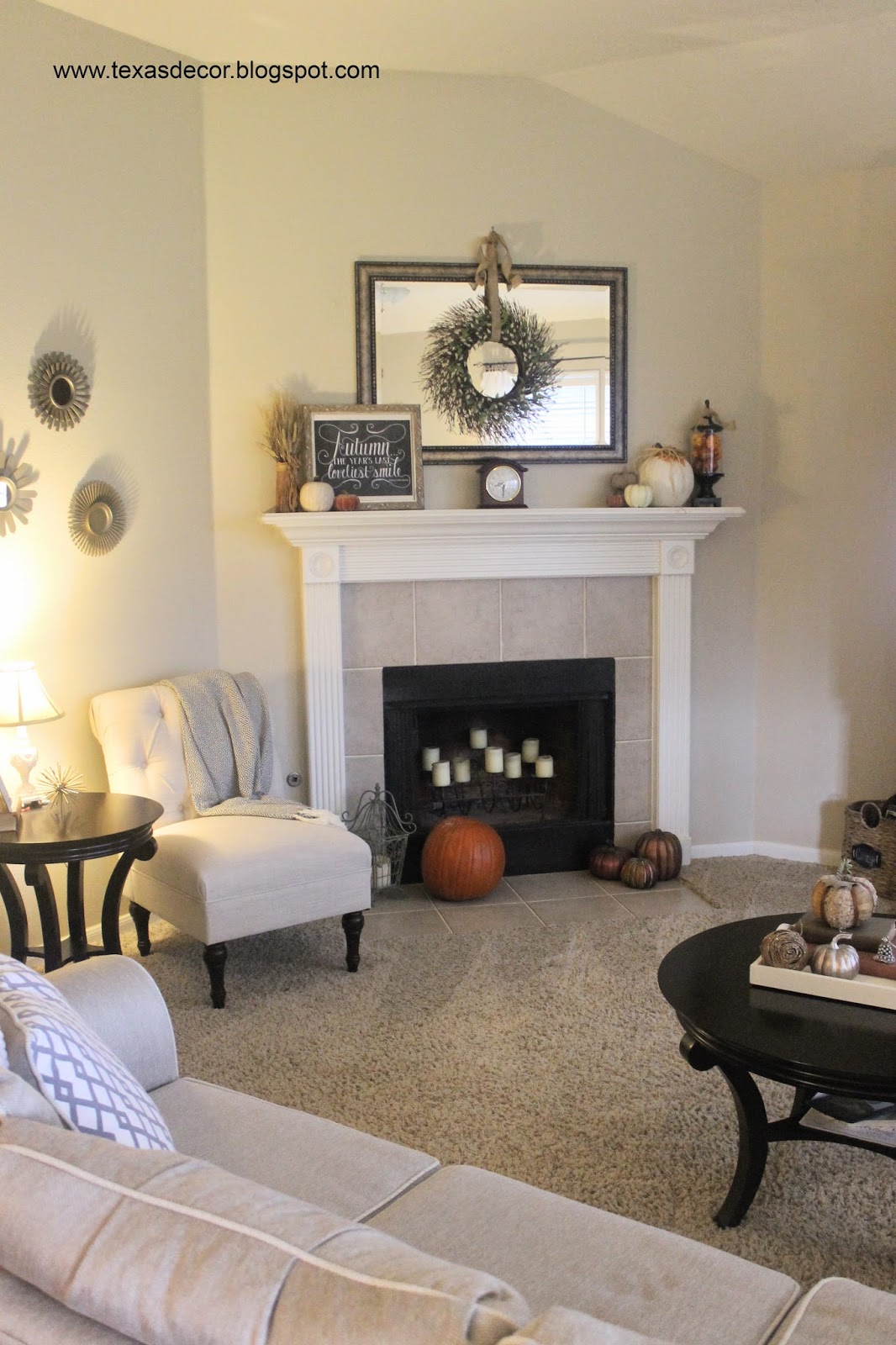 living room decorated for fall