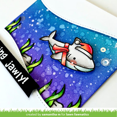 Feeling Jawly Card by Samantha Mann, Lawn Fawn, Lawn Fawnatics Challenge, Distress Inks, Ink blending, christmas, Christmas Cards, cards, #lawnfawn #lawnfawnatics #christmas #cards #jaws #shark #distressinks #Inkblending