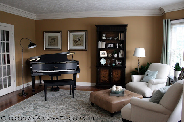 baby grand piano living room by Chic on a Shoestring Decorating