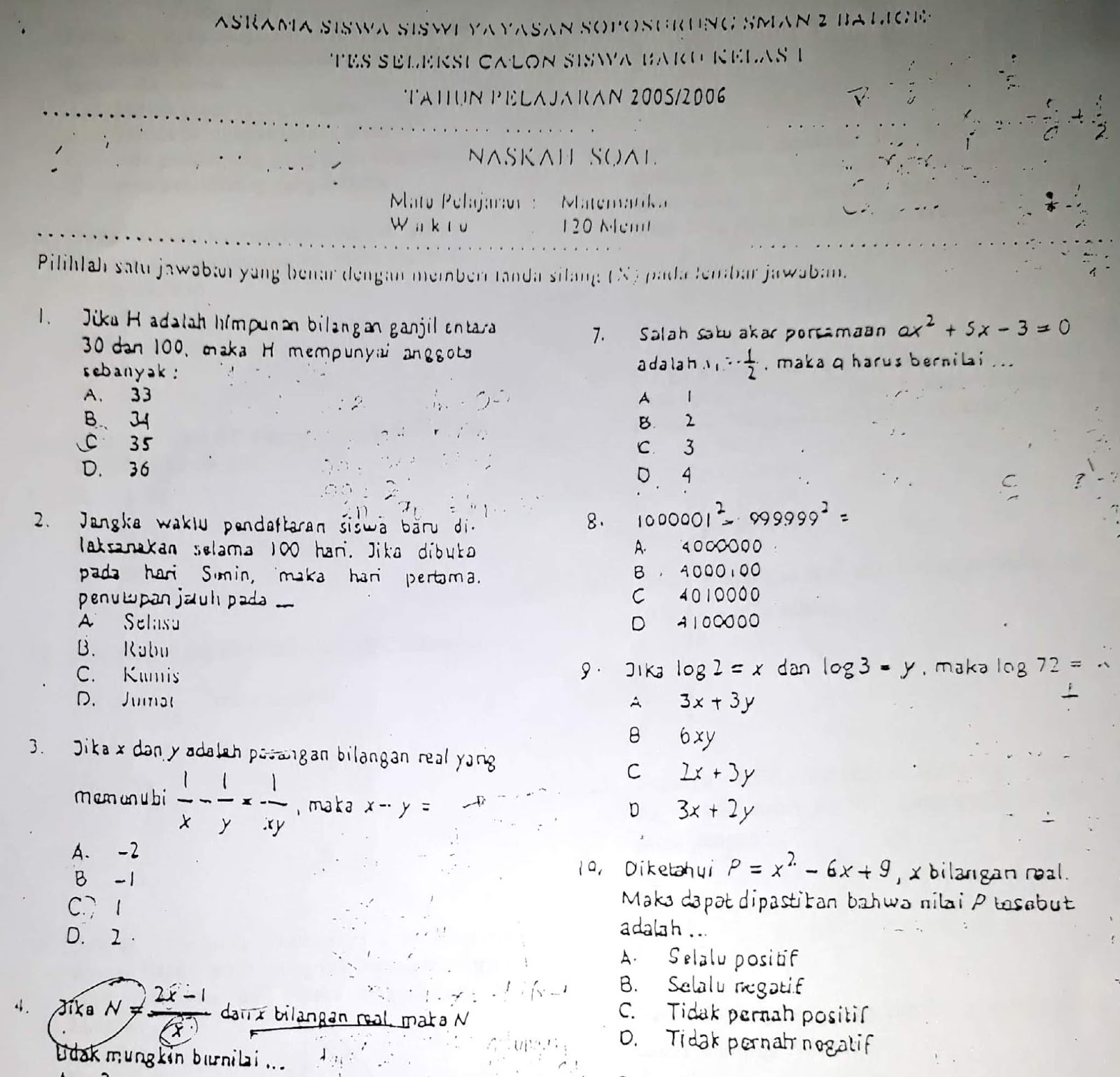 Matematika SMP, Soal Seleksi Akademik Masuk SMAN 2 Balige (Asrama YASOP) 2005 Matematika SMP, Seleksi Akademik Masuk Asrama YASOP SMAN 2 Balige 2005