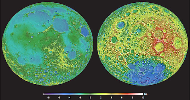 Topografía detallada de la cara visible (izquierda) y de la cara oculta (derecha) de la Luna. Topografía detallada de la cara visible (izquierda) y de la cara oculta (derecha) de la Luna.