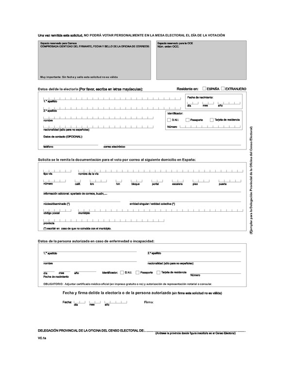 OFICINAS DE CORREOS SOLICITUD VOTO POR CORREOS