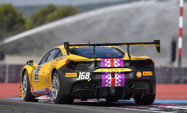  yellow-pink 488 Challenge car at the Paul Ricard Circuit, rear view, 