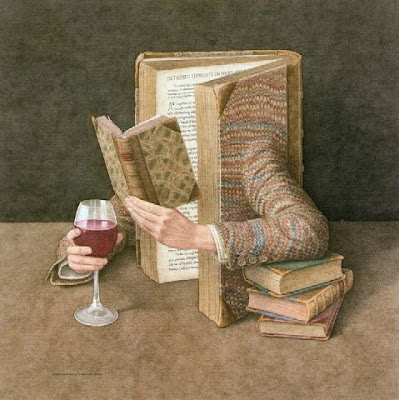 painting of a book with a glass of wine while reading a book