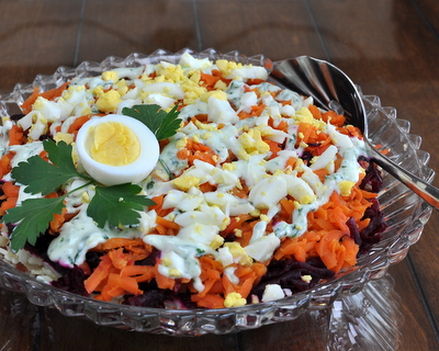 Finnish Rosolli Salad ♥ AVeggieVenture.com, a rainbow of grated beet, carrot and potato traditional at Christmas in Finland but somehow perfect for Easter too. LowCarb. Paleo. Gluten Free. Whole30.