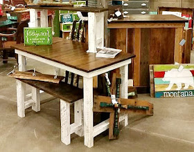 farmhouse table, bench, barnwood, display, show, build it, reclaimed wood,http://bec4-beyondthepicketfence.blogspot.com/2016/04/another-show-in-books.html 