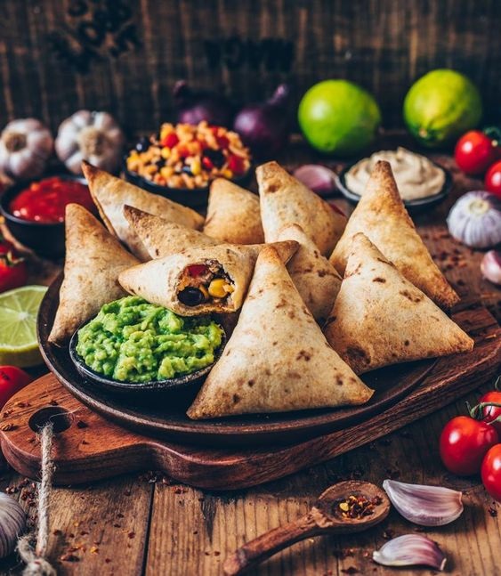 Vegan Burrito Samosas with Guacamole and Cashew Dip