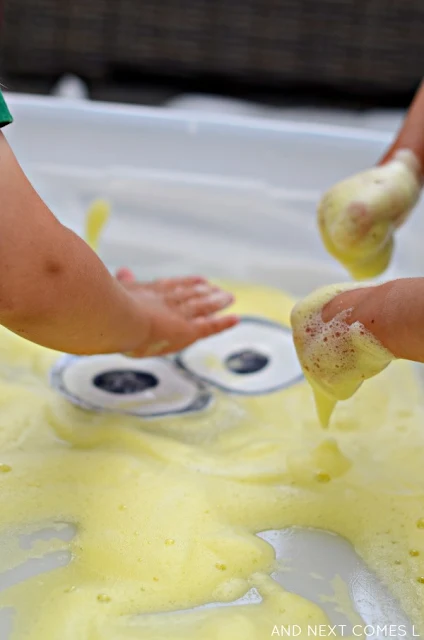 Lemon soap foam sensory play inspired by Minions