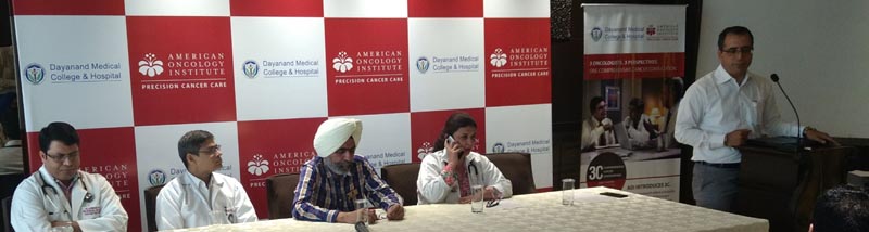 Dr Amit Dhawan, Facility Director, American Oncology Institute, Ludhiana with other Doctors talking to media persons in Ludhiana