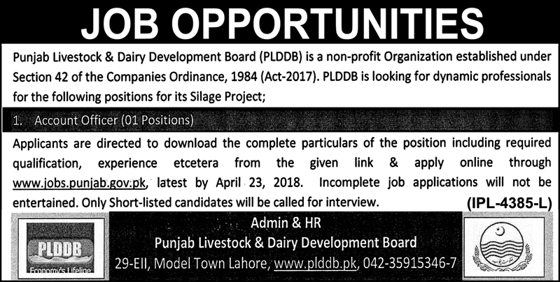 Jobs In Livestock And Dairy Development Department for Account Officer April 2018